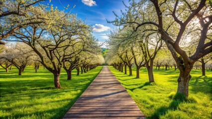 Fototapeta premium Serene apple tree garden in spring with leafless trees, wooden walkway on vibrant green grass