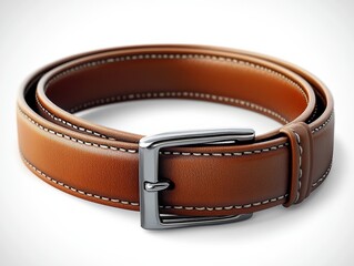 Stylish brown leather belt with a silver buckle on a white isolated background.