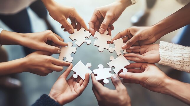 Several hands hold up pieces of a puzzle as they work together.