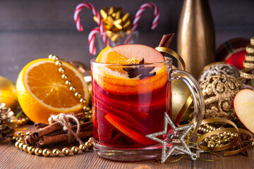 Mulled wine glass mug with sweet apple, orange, honey, cinnamon and anise star