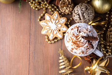 Hot chocolate, latte coffee or eggnog cocktail with whipped cream