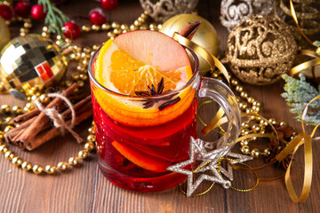 Mulled wine glass mug with sweet apple, orange, honey, cinnamon and anise star