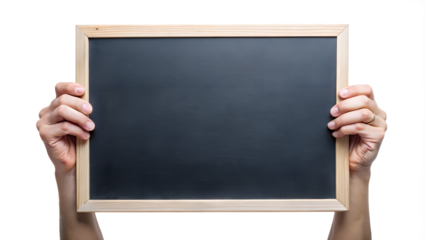 Hands holding a empty black board on white or transparent background.
