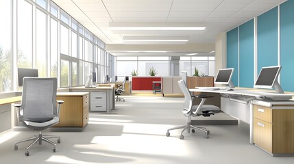 A sleek, modern office with adjustable ergonomic chairs, standing desks, and health-focused equipment, all arranged in a way that promotes comfort and productivity. Smooth lines and soft curves create