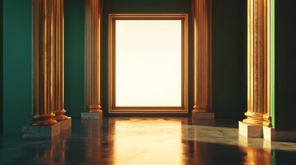 Perspective view on blank white illuminated screen with place for your logo or text between golden pillars in dark empty room with glossy floor and green wall. 3D rendering, mock up.