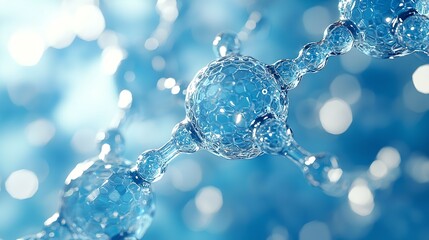 A close-up of water molecules, showcasing a blue, sparkling structure with a blurred background, emphasizing the beauty and complexity of molecular arrangements.