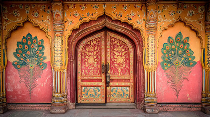 The ornate wooden door of the Indian palace.