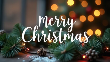 Big white handwriting thin letters “merry christmas” over festive background with garlands and bokeh blurred background