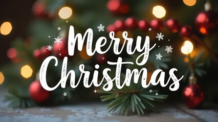 Big white handwriting thin letters &ldquo;merry christmas&rdquo; over festive background with garlands and bokeh blurred background
