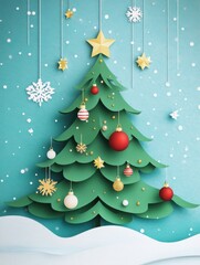 Paper cut style Christmas tree with hanging ornaments, twinkling stars, and snowflakes in a layered background