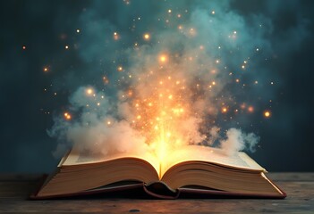 Magic Book With Open Pages And Abstract Lights Shining In Darkness - Literature And Fairytale Concept - Contain Illustration
