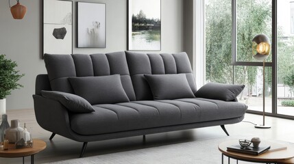 Modern fabric sofa bed, gray in color, rectangular in shape with black legs and two cushions on top of the backrest, in a living room setting. --ar 16:9 --stylize 250 --v 6.1 Job ID: 2dfec447-3ea0-470