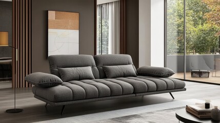 Modern fabric sofa bed, gray in color, rectangular in shape with black legs and two cushions on top of the backrest, in a living room setting. --ar 16:9 --stylize 250 --v 6.1 Job ID: 2dfec447-3ea0-470