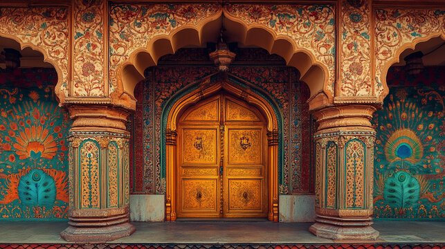 The ornate wooden door of the Indian palace.