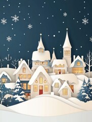Fototapeta premium Paper Cut Snowy Christmas Village with Lit Windows