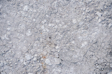 close-up of a textured dry soil surface with small stones or gravel scattered on a light gray ground