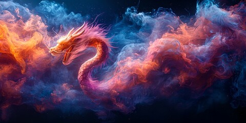 A vibrant, mystical dragon emerges from colorful clouds, showcasing a blend of fiery hues against a dark background.