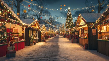 Obraz premium Christmas Market at Night with Festive Lights and Tree