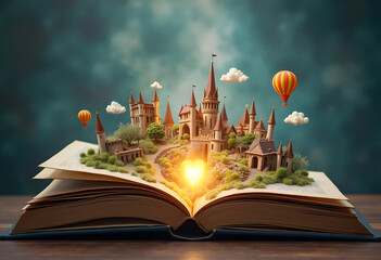 Naklejka premium Magic Book With Open Pages And Abstract Lights Shining In Darkness - Literature And Fairytale Concept - Contain Illustration 