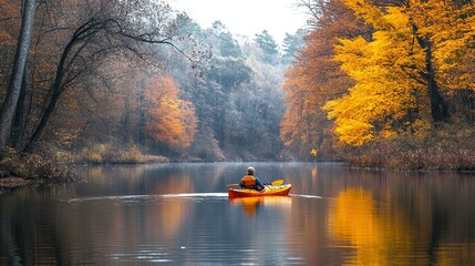 A lone kayaker paddles down a calm river in autumn.