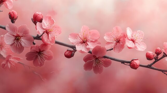 delicate cherry blossom branch against soft pink backdrop ethereal petals and buds rendered in dreamy watercolor style evoking romance and renewal
