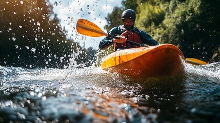 Fototapeta premium A man kayaking on a river.