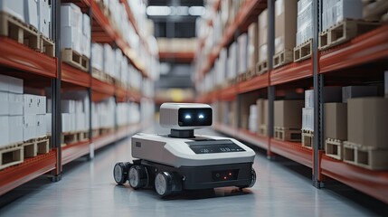 Naklejka premium A machine-learning robot sorting packages in a warehouse, demonstrating the role of AI in automating logistics and supply chains.