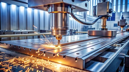Fototapeta premium EDM CNC machine cutting metal in a factory setting