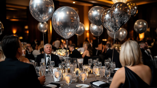 Elegant Gala Celebration with Silver Balloons in Luxurious Dimly-Lit Banquet Hall