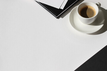 Business Meeting Concept, Negotiations. Docs, Papers, Cup of Black Coffee on White Desk.