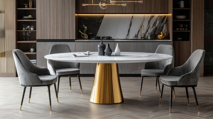 Oval dining table with white marble top, gold base, and four gray velvet chairs for kitchen or living area.