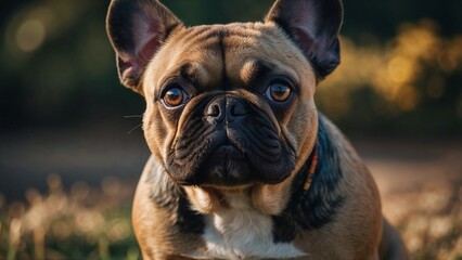 Obraz premium French Bulldog pet with a curious expression in a playful pose against a blurred outdoor background
