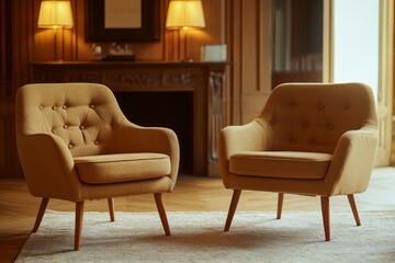 Two single armchairs in an American interior, bright and upright view, real scene photography.