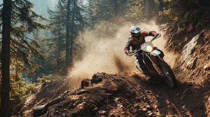 A motorcyclist riding up a steep, rocky incline in a forest, surrounded by trees and rugged terrain, with the bike kicking up dirt.