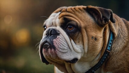 Fototapeta premium Bulldog pet in contemplation with a calm expression against a blurred nature background 