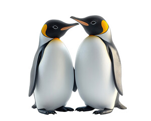 Fototapeta premium Two charming penguins standing close, isolated on white background.