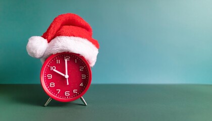 Red clock with Christmas Santa hat. Time for Christmas shopping concept 