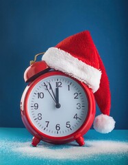 Red clock with Christmas Santa hat. Time for Christmas shopping concept 