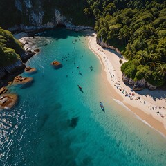 The drone captures the peaceful beauty of a hidden cove surrounded by cliffs and a vibrant tropical forest, with turquoise waters gently washing over the sandy beach