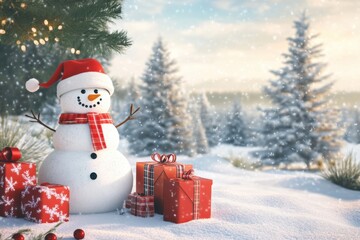 Snowman with Gifts in a Snowy Christmas Landscape