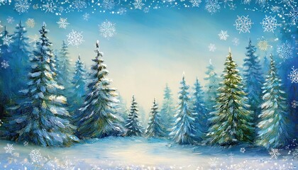Naklejka premium Winter scene with snowflakes and pine trees