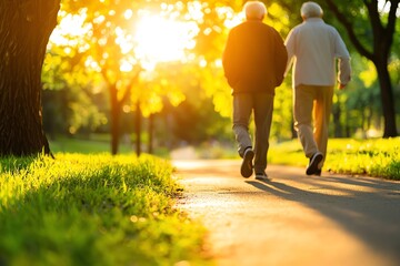 Obraz premium Two elderly men walking together on a sunlit path in a serene park during golden hour.
