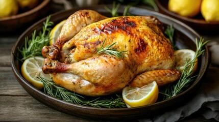Fototapeta premium A perfectly golden-brown whole roasted chicken fresh from the oven, garnished with rosemary and lemon slices on a rustic wooden table.