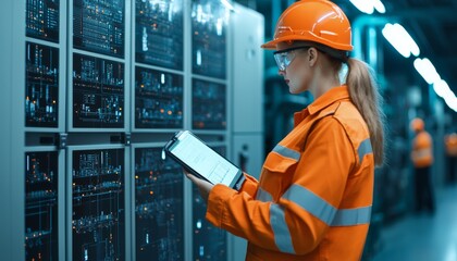 Female technician working in data center, wearing safety gear and reviewing operations. - Powered by Adobe