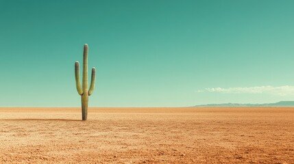A desolate desert horizon with a single cactus and open sands, room for text. No people, copy space