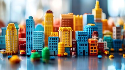 Obraz premium A toy cityscape of colorful blocks, skyscrapers, and construction pieces comes to life.