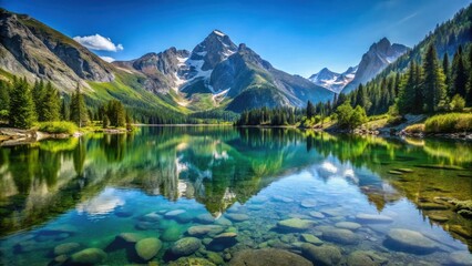 Fototapeta premium Clear alpine lake nestled among towering mountains, reflecting the bright blue sky and surrounded by serene nature