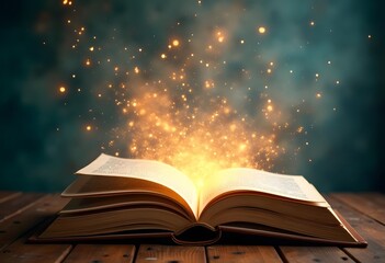 Open magic book on dark background
