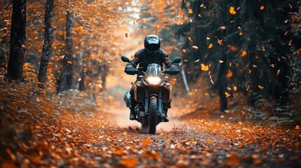 A scenic shot of a motorcyclist winding through a forested trail, with autumn leaves falling gently around them.