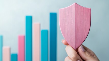 Hand holding pink shield symbolizing protection against risks and data security.